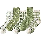 MAVTBOFL 5 Pairs Floral Socks for Women Cute Embroidered Flower Crew Sock Cottagecore Frilly Vintage Fancy Cotton Socks