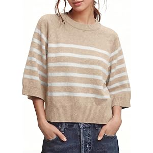 Acelitt Womens Striped Short Sleeve Sweaters | Summer,Crew Neck,Lightweight,Loose,Half Sleeve,Business Casual,Work,Spring,Fal
