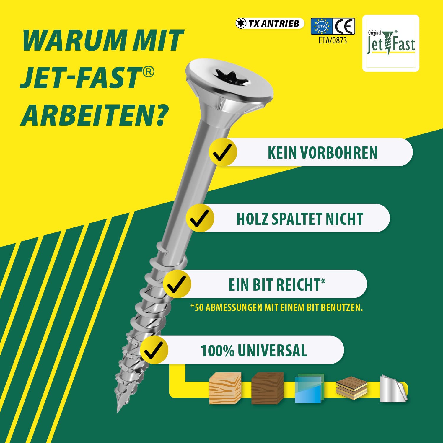 Jet-Fast Premium Universalschrauben 5,0 x 50 mm, 200 Stück, Duo-Senkkopf, Teilgewinde TX Antrieb, Blau verzinkt, Holzschrauben, Spanplattenschrauben, Cut-Spitze, German Quality 2