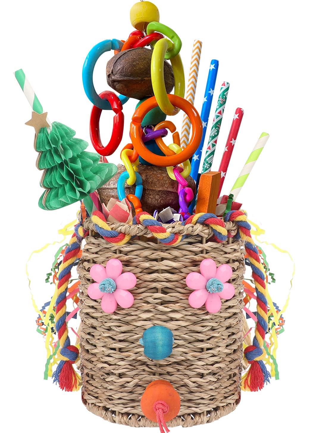 YIXUND Bird Toys Seagrass Foraging Basket Bird Toy with Colorful Crinkly Paper Wooden Blocks Paper and Bamboo Fingers Nuts DIY Honeycomb Tree for Small Medium Parrot Birds(PET-ONLY USE)