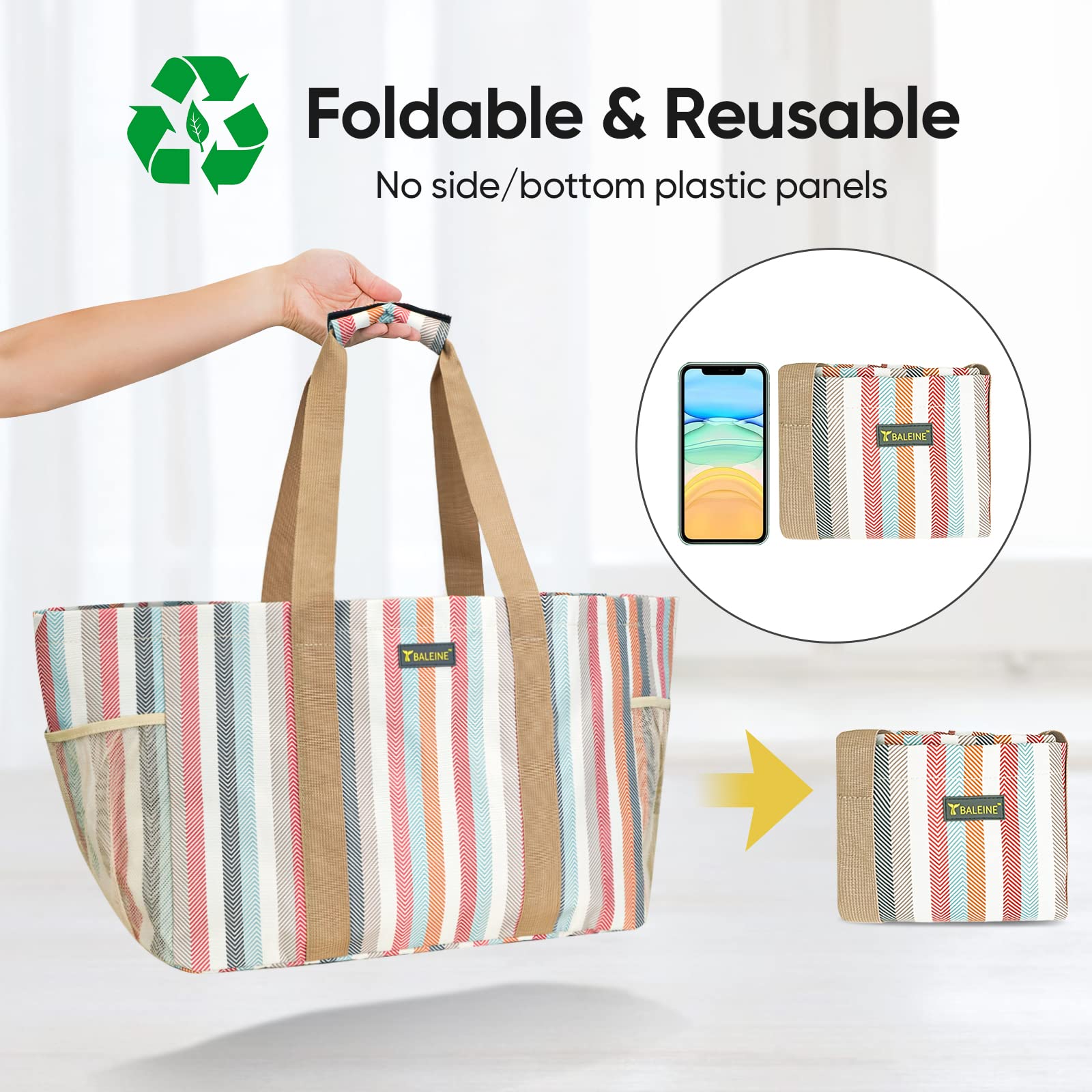 BALEINE Soft 9 Gallon Extra Large Utility Tote, Foldable Reusable Storage Bag (Color Stripe)