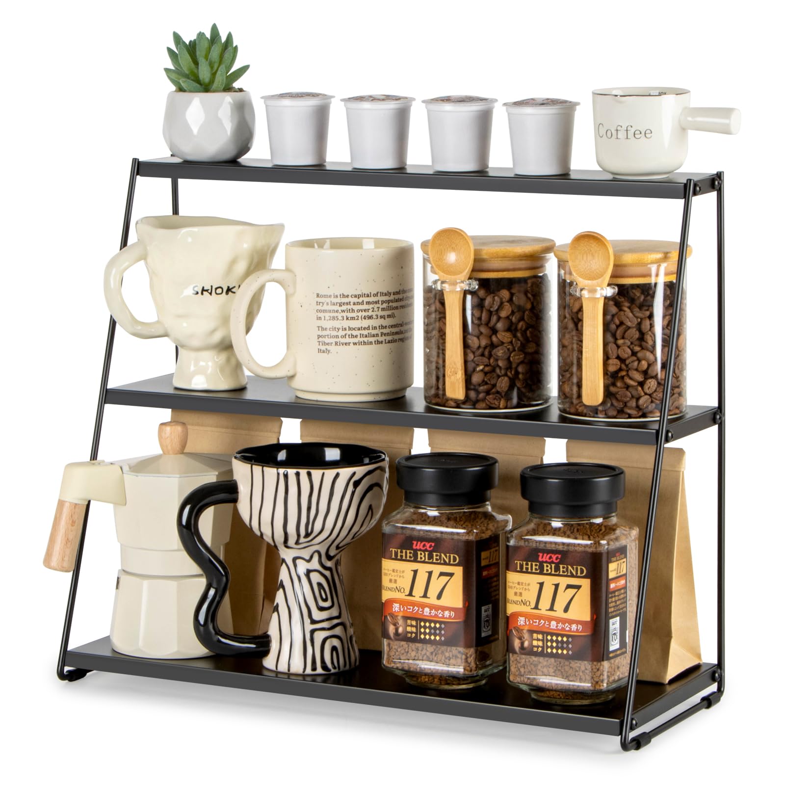 PUERSI Coffee Station Organizer for Countertop, Mug Display Shelf, Metal Coffee Bar Accessories and Organizer, 3 Tier Cup Holder, Multifunctional Countertop Stand for Kitchen, Office, Home - Black