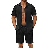 COOFANDY Mens Beach Outfits 2 Piece Sets Casual Short Sleeve Button Down Summer Textured Shirt