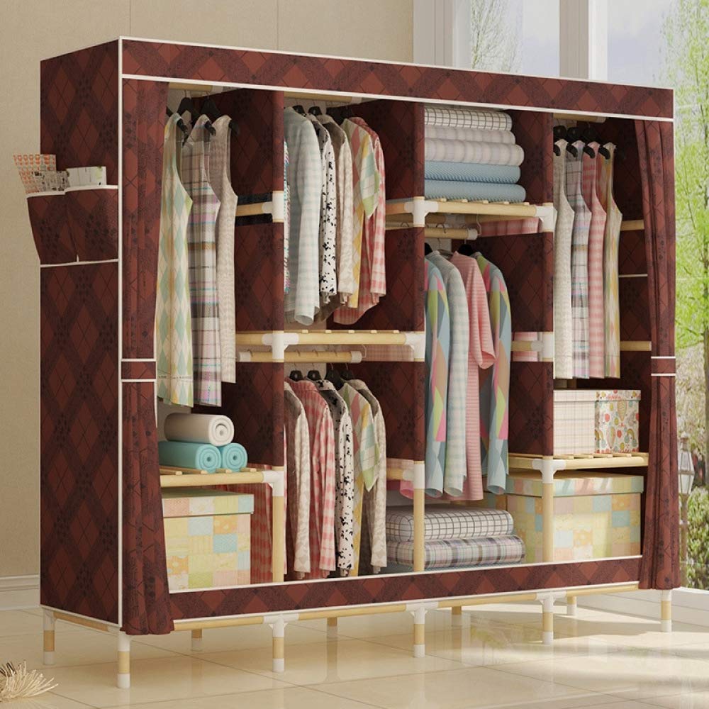 Olydmsky Canvas Wardrobe Solid Wood Cloth Wardrobe Oxford Cloth
