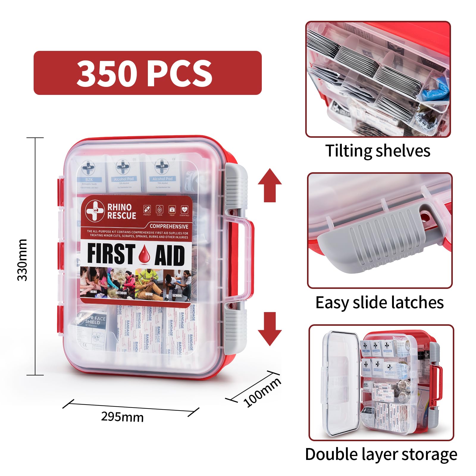 RHINO RESCUE 350 Pieces OSHA All-Purpose First Aid Kit, Home & Office Professional Medical Supplies, Ideal for Emergency, School, Business