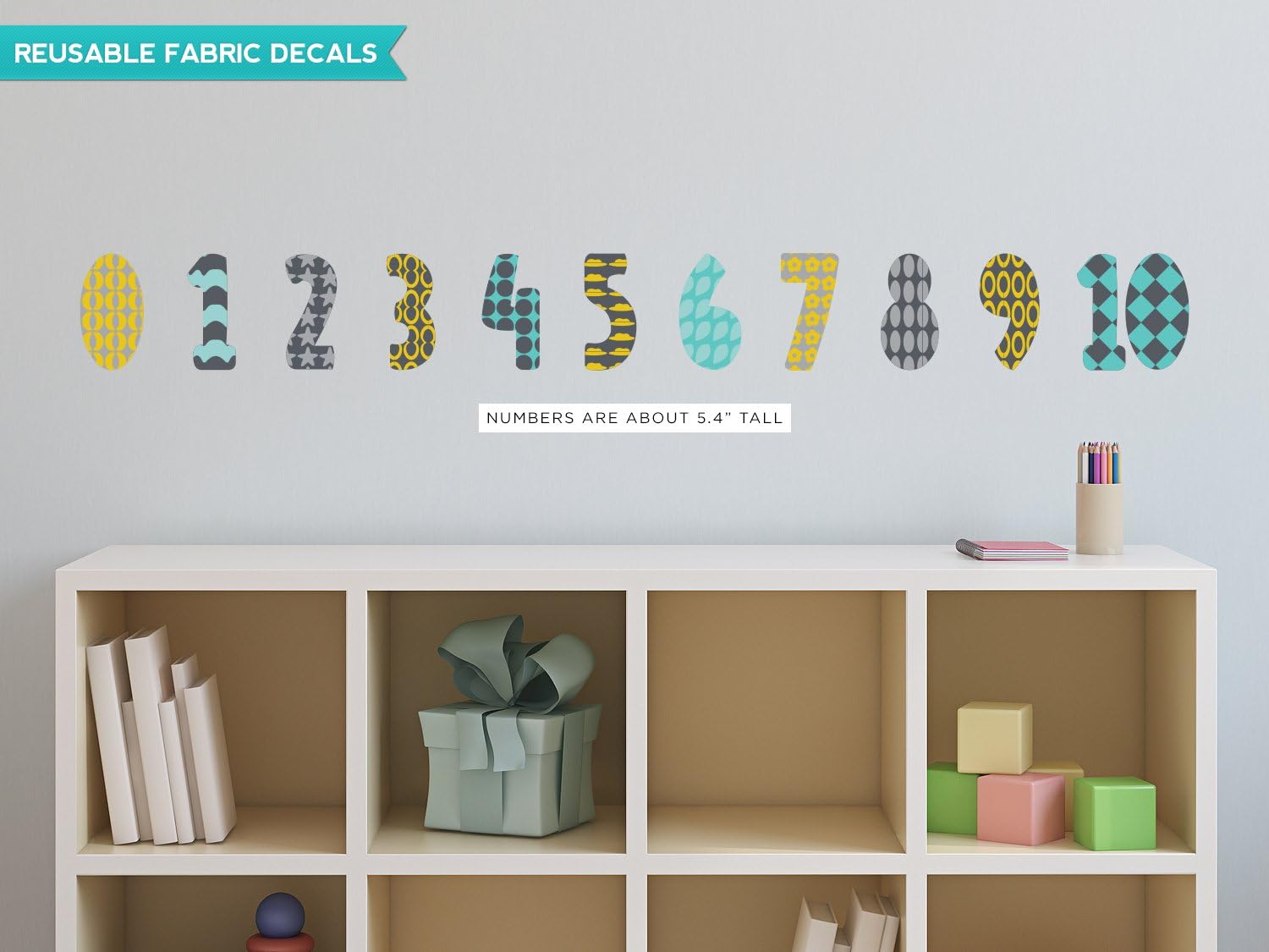 Modern Numbers Fabric Wall Decals with Patterns in Orange, Grey, Turquoise, Black, Number Decals from 0 to 10, Repositionable and Reusable