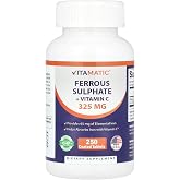 Vitamatic Ferrous Sulfate 325 mg with Vitamin C 100 mg (65 mg Elemental Iron) Coated Tablets &ndash; High Potency Iron Supplement &ndash; No Artificial Colors &ndash; Made in USA