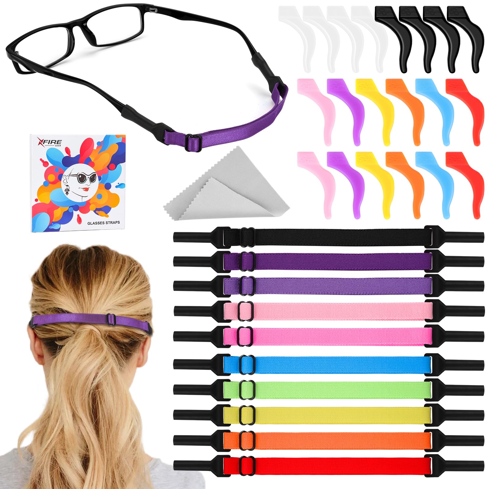 Photo 1 of XFIRE-GEAR Glasses Straps - 10 Psc Adjustable Eyewear Retainer with 10 pair Ear Hooks, No Tail Eyeglasses Holders Around Neck for Women's, Sunglasses Eyewear Retainer for Big Kids Men's (8-13in)