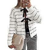Saodimallsu Womens Striped Tie Front Cardigan Sweaters Crew Neck Long Sleeve Cable Knit Bow Knot Trendy Sweater Tops