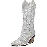 MUCCCUTE Women's Rhinestone Mid Calf Boots Sparkly Block Heel Cowboy Boots Glitter Boots