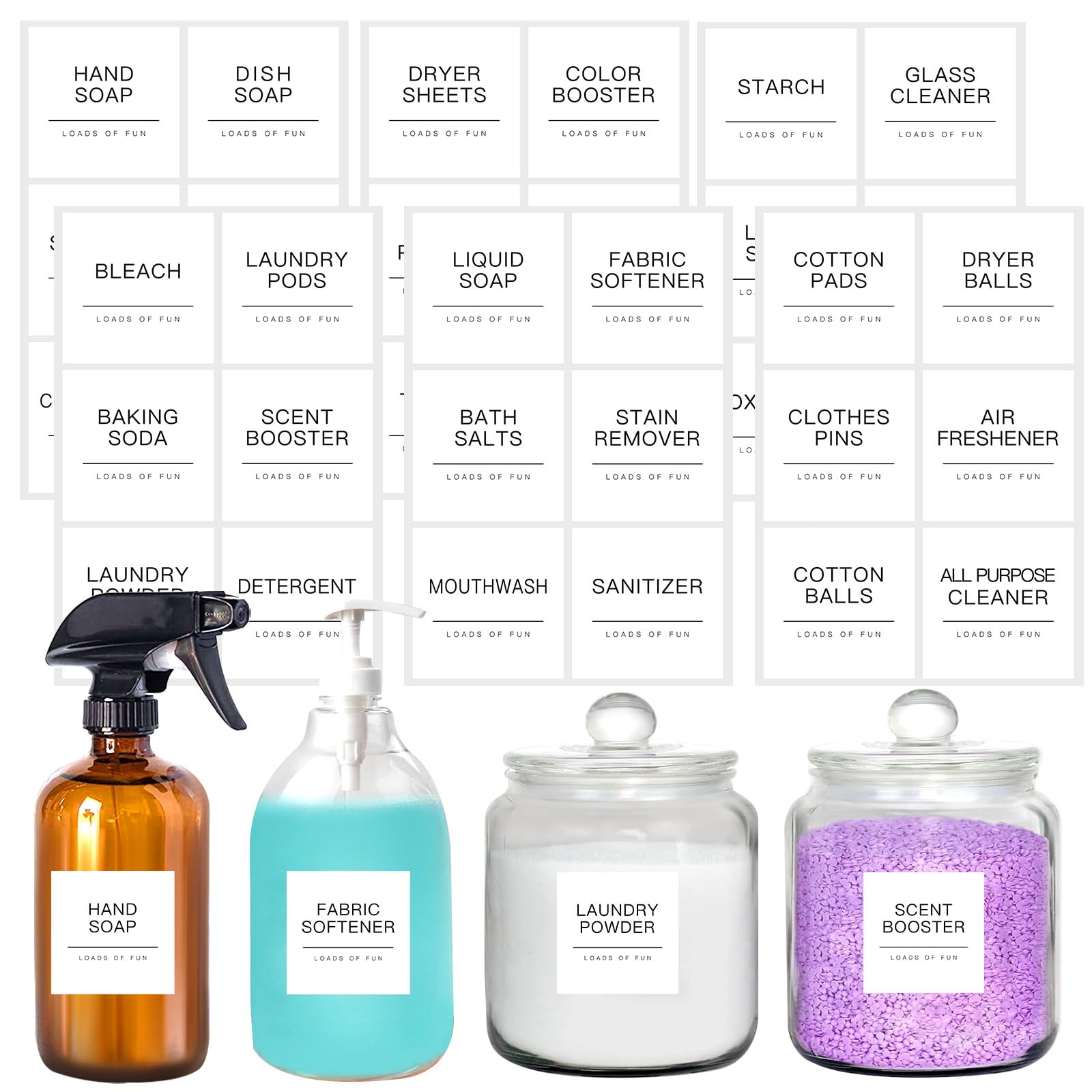 KSIWRE 36PCS White Laundry Labels for Jars,Preprinted Organization Stickers for Containers,Minimalist Waterproof Bathroom and Laundry Room Labels(2.5"x2.5")