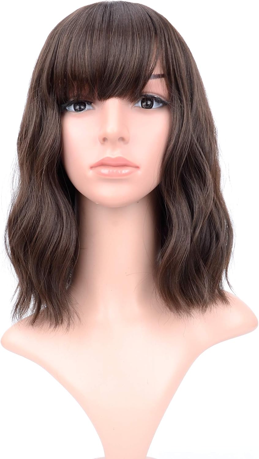 VCKOVCKO Short Bob Waves, Natural Brown, Wavy Synthetic Women's Shoulder Wig, Air Bangs, 12", 4#, 12 inch (Pack of 1) - Image 3