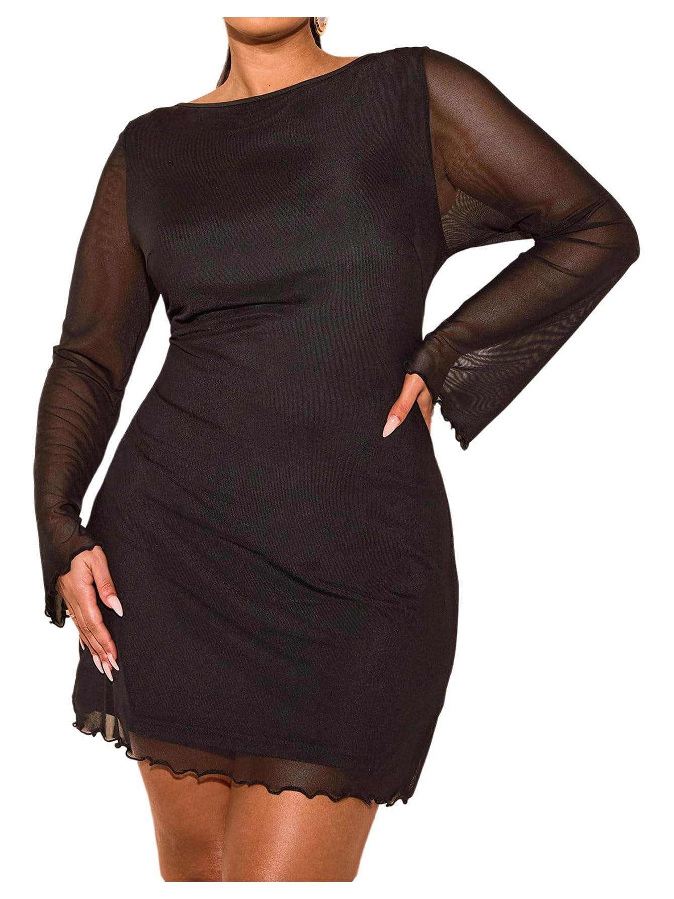 Photo 1 of MakeMeChic Women's Plus Size Mesh Dress Long Sleeve Lettuce Trim Bodycon Mini Dresses Black X-Large Plus