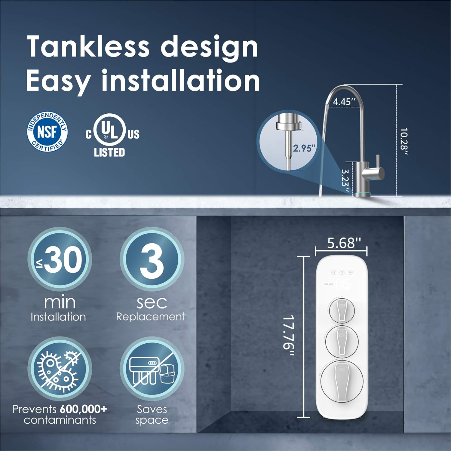 Waterdrop RO Reverse Osmosis Drinking Water Filtration System, NSF Certified, TDS Reduction, 400 GPD Fast Flow, Tankless, Compact, Smart Faucet, 1:1 Drain Ratio, UL Listed Power, USA Tech, WD-G3-W: Kitchen & Dining