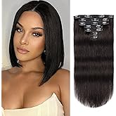 Jiameisi Clip in Hair Extensions Real Human Hair, 12inch Remy Human Hair Extensions Double Weft 70g 7pcs, Natural Straight Clip ins for Women #1B Natural Black