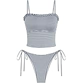 ZAFUL Women's Tankini Swimsuits Ruffles High Cut Swimwear Striped Tie Back Knot Two Piece Cheeky Bathing Suit