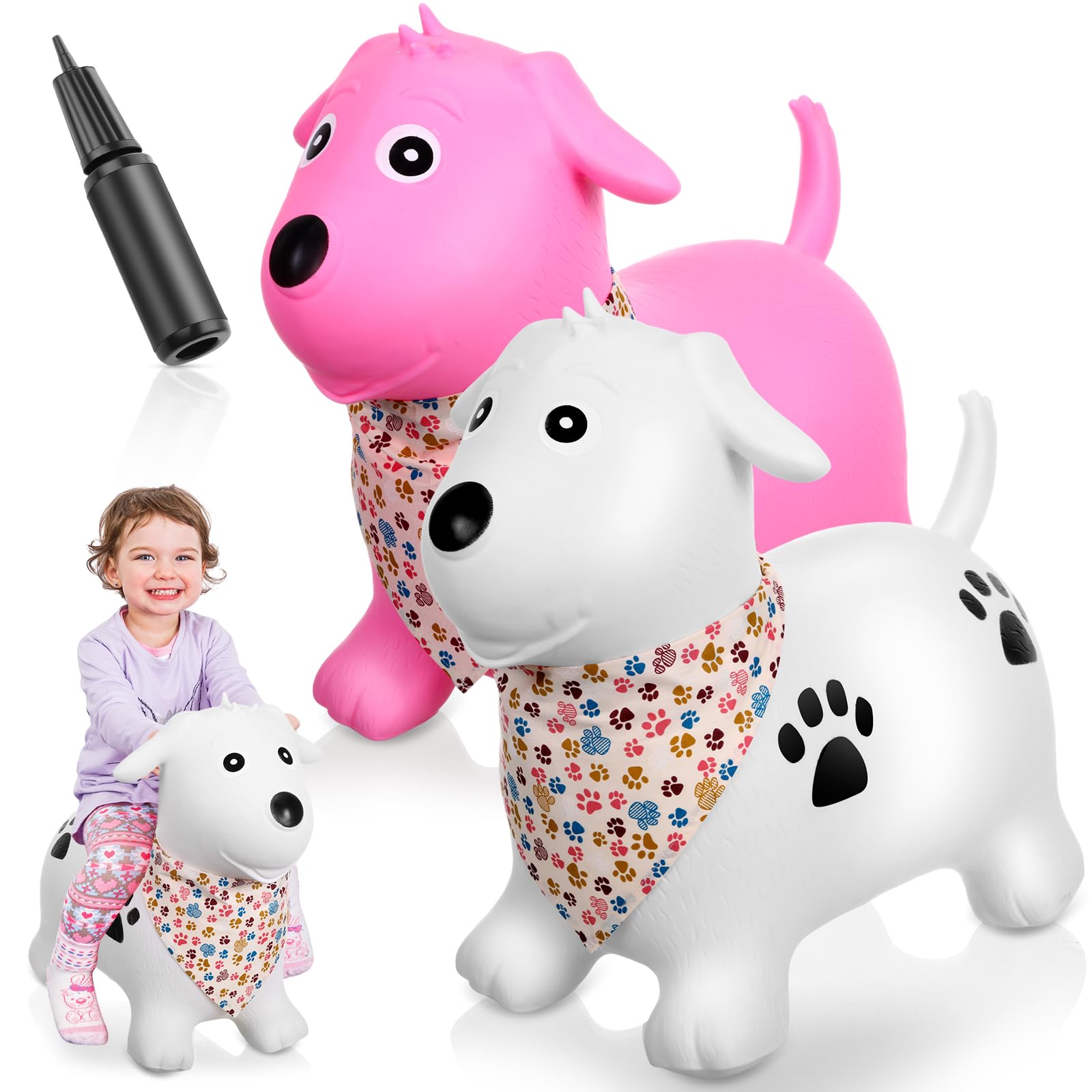 Photo 1 of VercanMonth 2 Pack Bouncy Animal Dog Hopper Inflatable Bouncing Horse Hopper Toys Jumping Ride on Hopping Bounce with Pump Rubber Bouncing Animal Gift for Boys Girls(White, Pink,Classic Style)