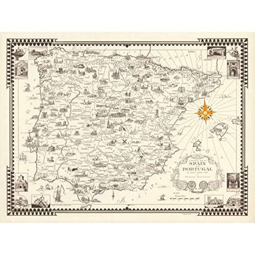 Artery8 Map Ernest Dudley Chase 1935 Spain Portugal Pictorial Art Print Canvas Premium Wall Decor Poster Mural