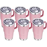 VEGOND 20 oz Tumbler Bulk with Handle Lid and Straw, Stainless Steel Insulated Travel Coffee Mug Set, Spill Proof Double Wall Metal Tumblers Cups, Pink 6 Pack