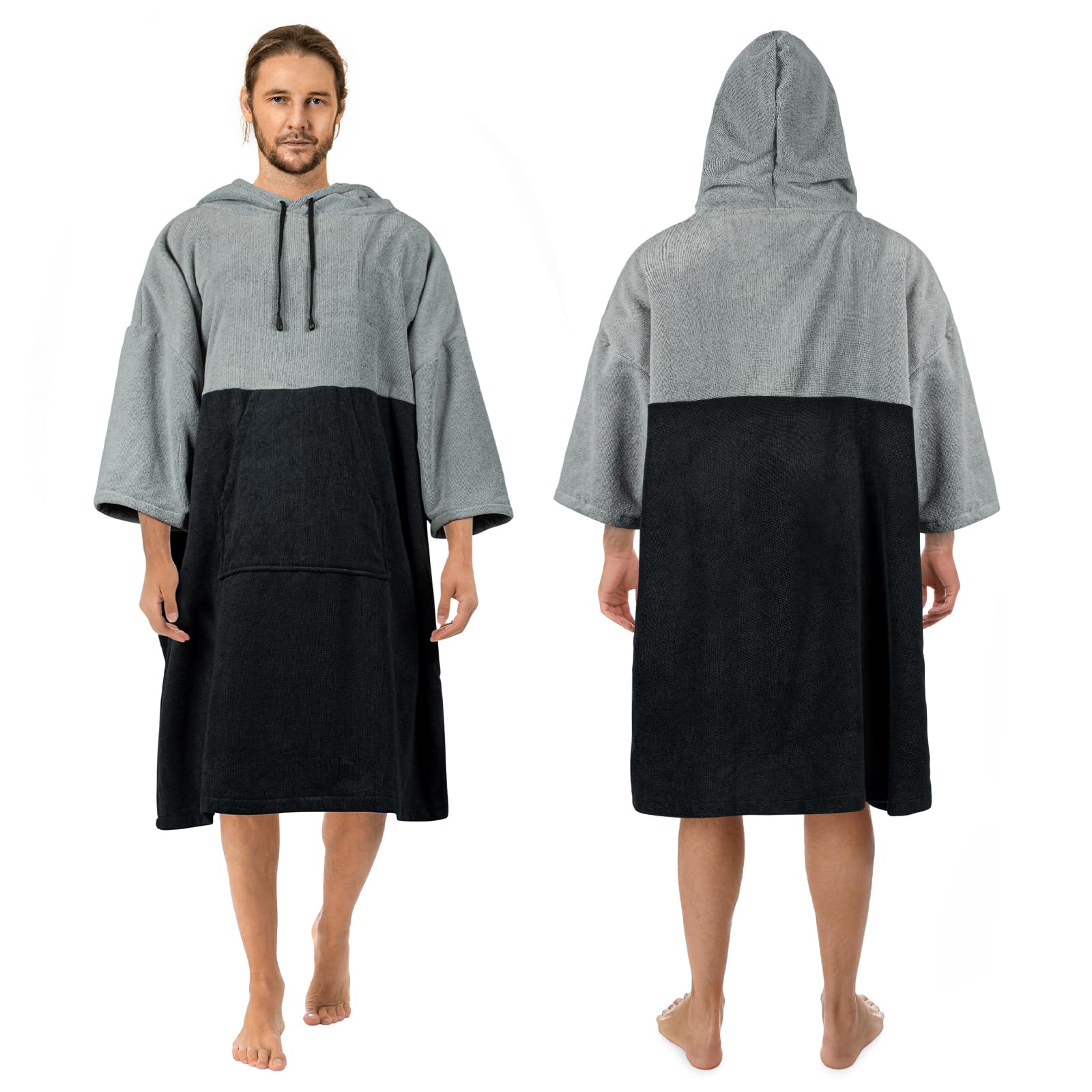 Zingtto Surf Poncho Changing Robe, 3/4 Sleeve Extra Large Thick Hoodie Towel Poncho for Men Women Beach Swimming, 43"x35", Black Gray