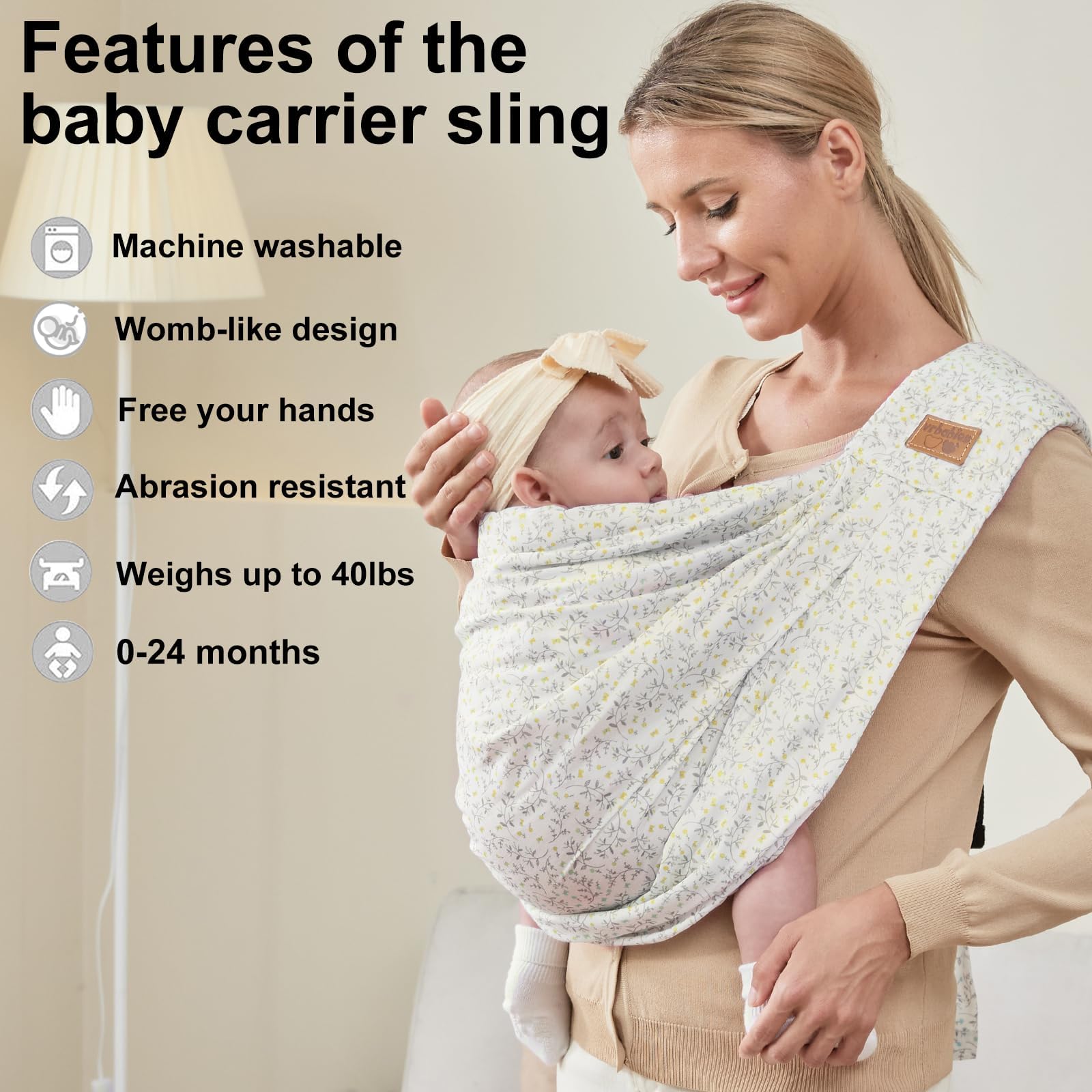Baby Sling Carrier Newborn, Adjustable Easy Wearing Baby Nursing Warp Sling, New Mom Dad Soft Cotton Baby Front Holder Carrier for Infant Toddler Life Travel Essential Gifts (Yellow Flower)