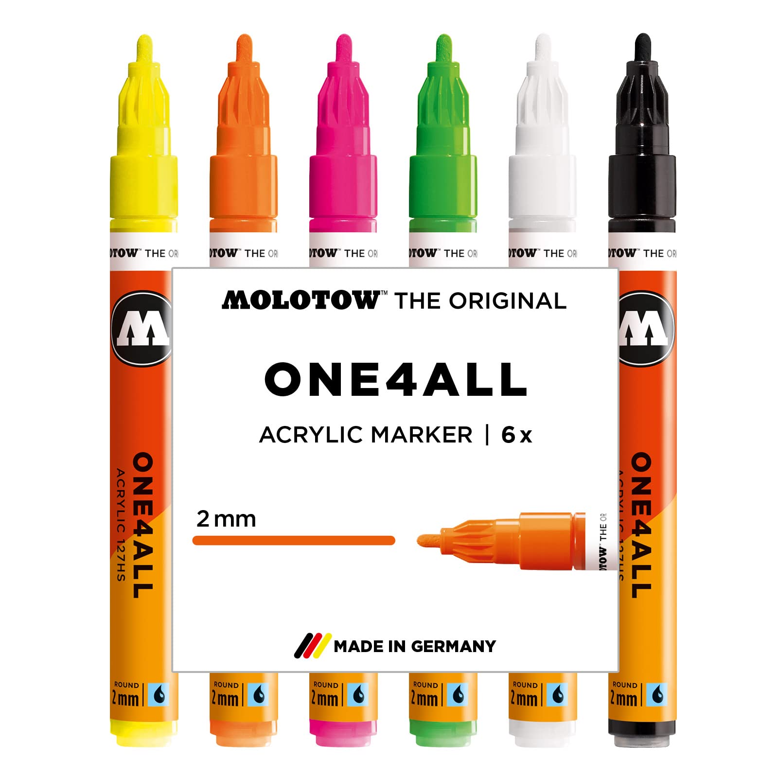 Molotow One4All 127HS Acryl Marker Neon-Set (2,0 mm Strichstärke, hochdeckend und permanent, UV-beständig, für fast alle Untergründe) 6 Stück sortiert