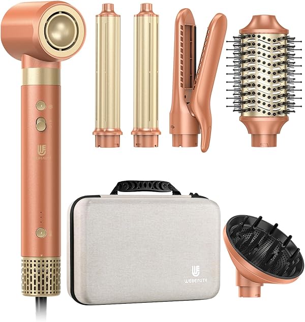 webeauty Dual-Spannung 7in1 Airstyler Neues Upgrade, 110,000U/Min, 30M/S Föhn mit Diffusor,Warmluftbürste, Auto Lockenstab, Air Haarglätter, 500 Millionen Ionen Hairstyler für Multistyling
