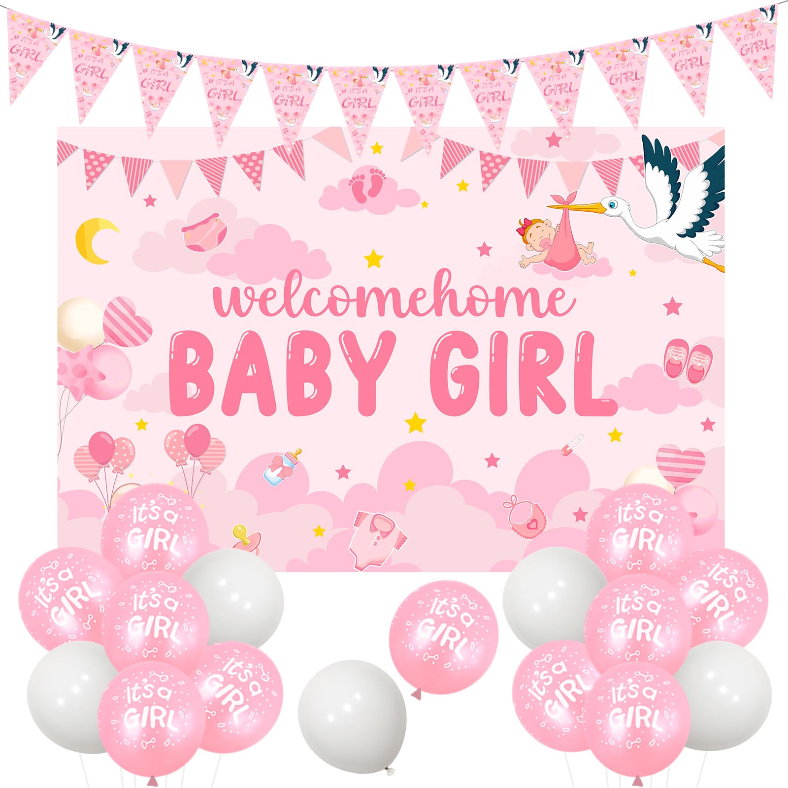 Fangleland Baby Shower Decorations Pink, Welcome Home Baby Girl Backdrop It's a Girl Bunting Banner Balloons Photo Booth Props for Gender Reveal Party Supplies