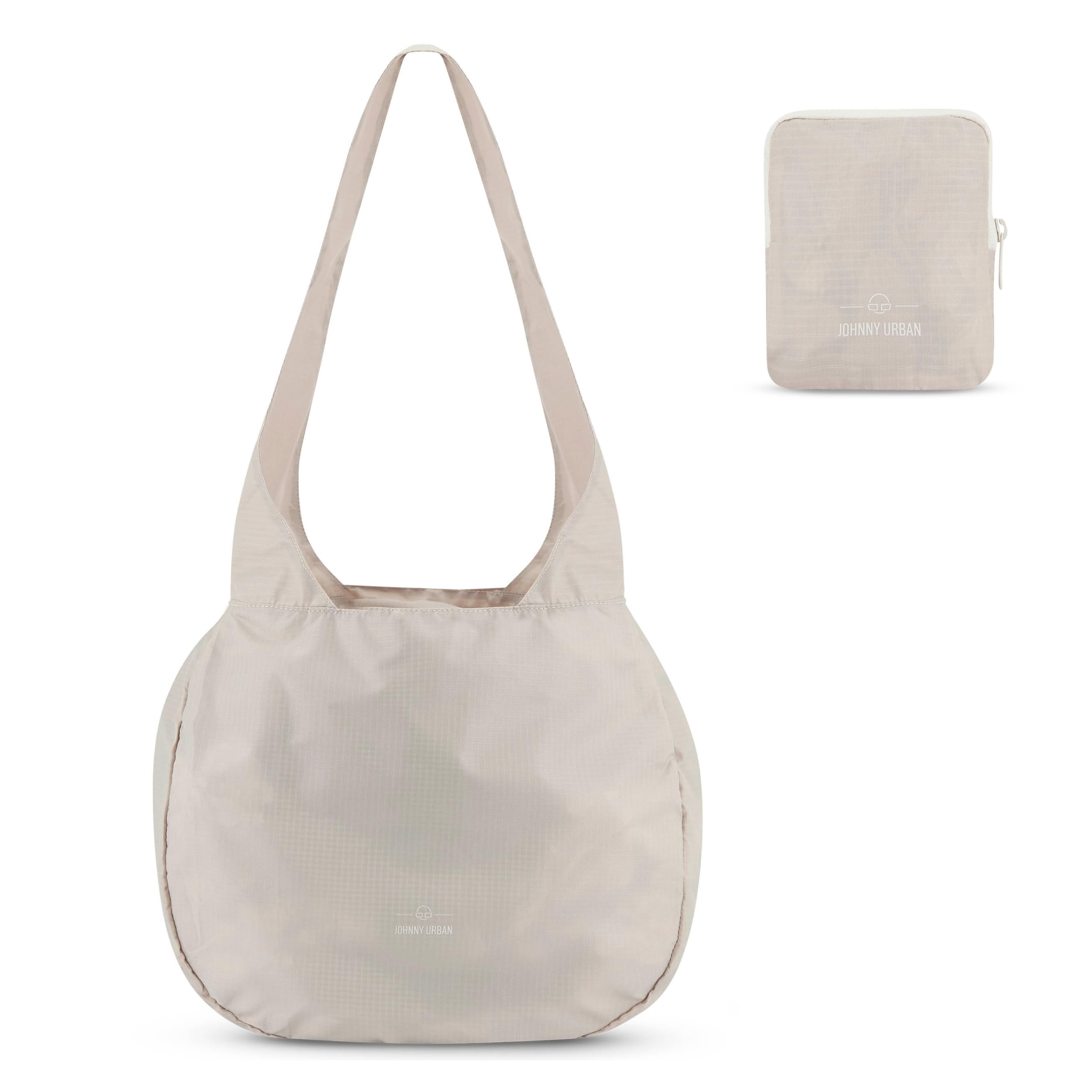 Johnny Urban Shopping Bag Foldable Beige - Lee - Reusable Tote Bag for Grocery Travel Camping Daily Use - Drawcord Closure & Inside Pocket - Fold Up & Lightweight - Made From Recycled PET Bottles