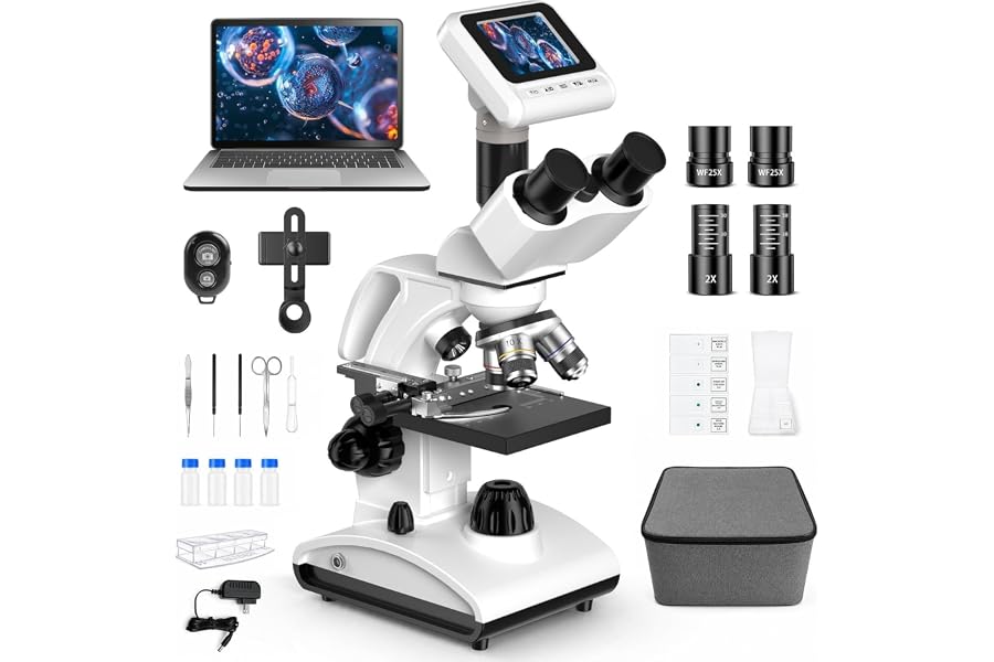 PalliPartners 40x-2000x Biological Compound Trinocular Microscope | 5MP camera for digital capture, Professional grade optics, bright LED illumination, perfect for adult hobbyists