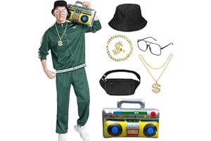 80s 90s Outfit for Men – 9 Pcs Tracksuit Costume with Hip Hop Accessories, Workout Costume for Holiday Party