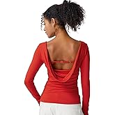 QINSEN Long Sleeve Shirts for Women Double Lined Going Out Crop Tops Open Back Y2K Tee Shirts Red M