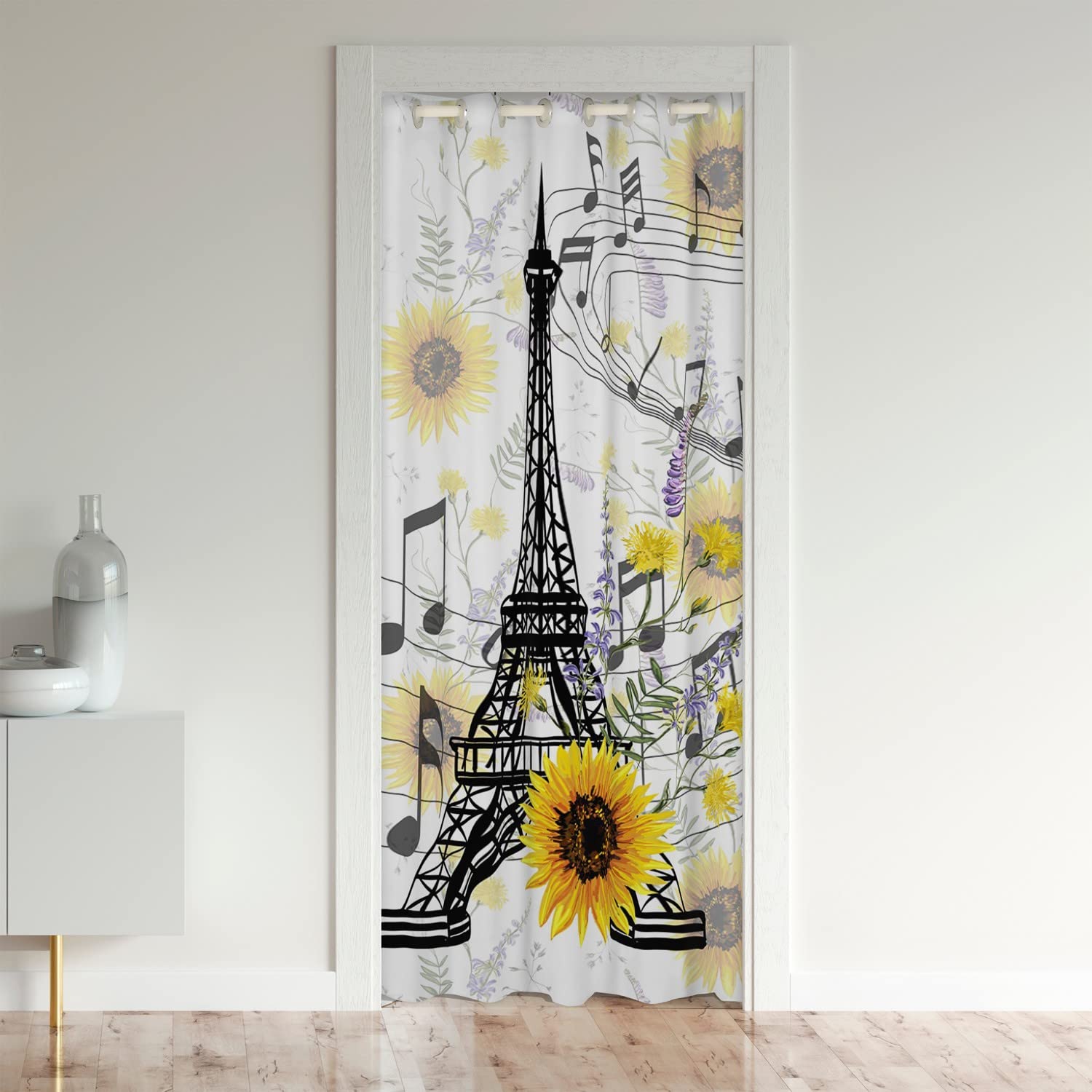 Loussiesd Eiffel Tower Door Curtain for Doorway Privacy Sunflowers Paris 30%-50% Room Darkening Blackout Curtain Paris Decor Yellow Floral Flower Room Divider Curtain Cover 106x203cm