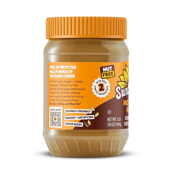 SUNBUTTER NO SUGAR ADDED SUNFLOWER SEED BUTTER, 16 OZ NUT-FREE SPREAD WITH 7G PLANT-BASED PROTEIN, ROASTED RICH & SAVORY FLAVOR, SMOOTH TEXTURE | VEGAN, KOSHER & NON-GMO