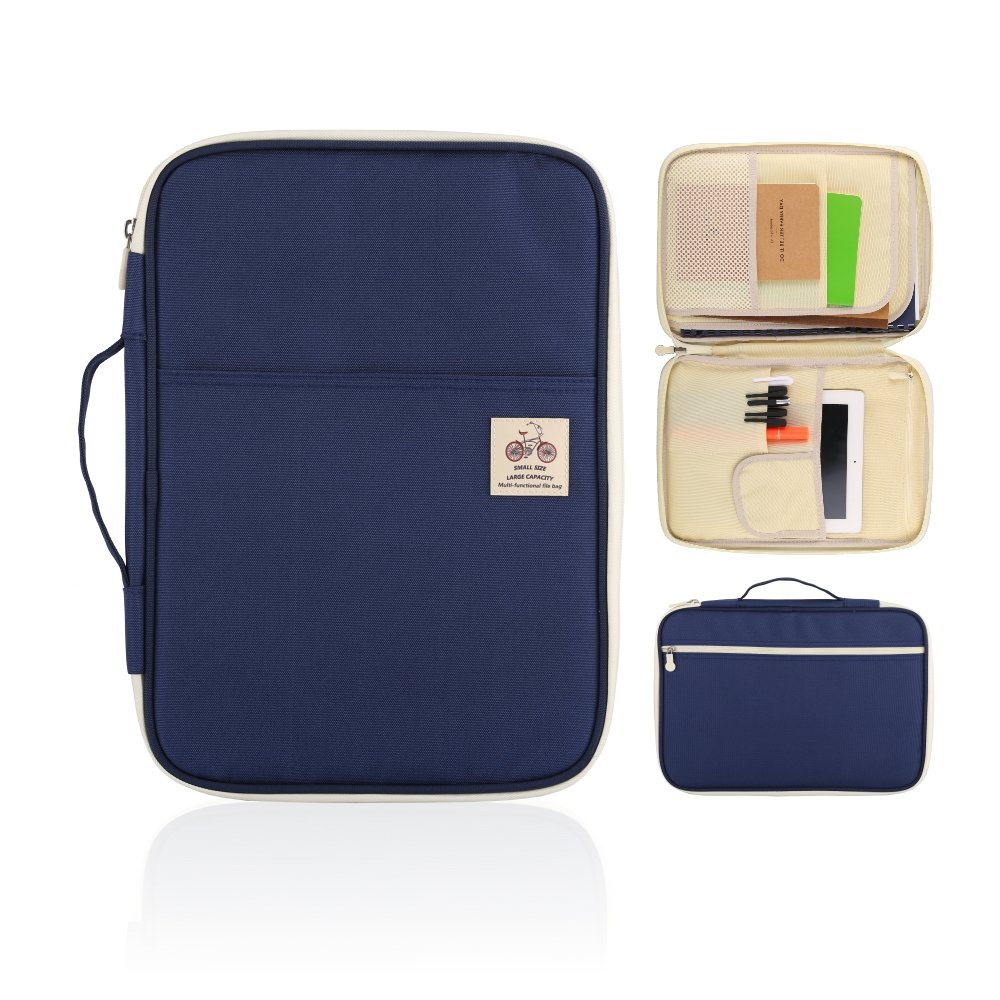YOUSHARES A4 Documents Bag Portfolio Organizer Holder - Multifunctional Travel Pouch Handy Zippered Case for Notebook, Ipad, Documents and Pens (Blue)