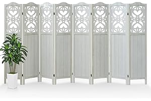 Asnefeli 8 Panel Room Divider Panel, 5.6Ft Tall Room Divider Wall and Folding Privacy Screen, Wood Carved Divider Panel, Folding Portable Partition Screen, Divider for Room Separation - Light Gray