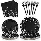 Grencian 96Pcs Black and Silver Party Decorations White Silver Dot on Black Paper Plates Disposable Birthday Paper Tableware Set for Birthday Retirement Wedding Party Supplies, Serve 24