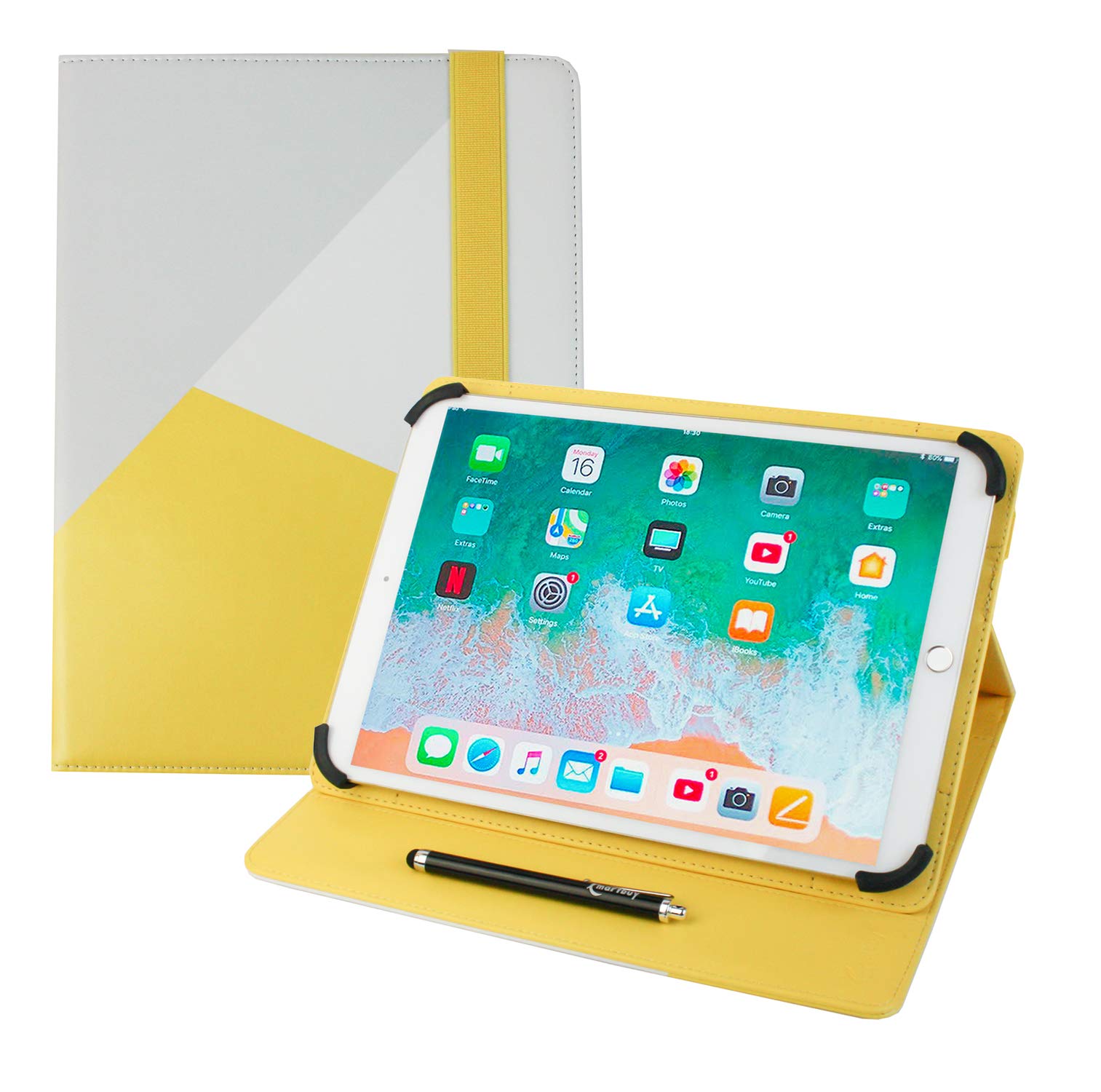 Emartbuy Universal 9.1 Inch - 10.5 Inch Grey Yellow Multi Angle Folio Wallet Case Cover With Card Slots and Stylus Pen Compatible With Selected Devices Listed Below