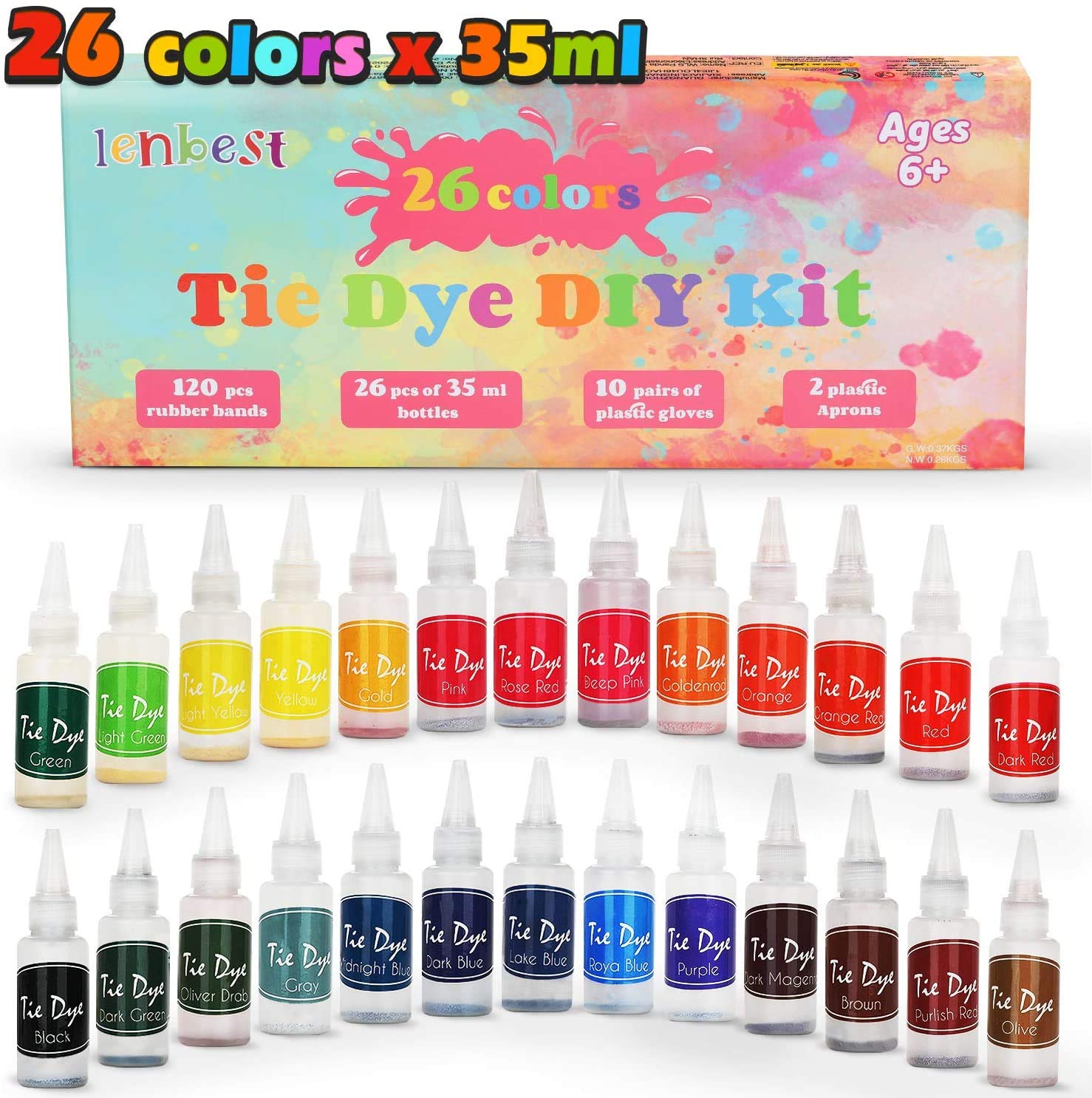 Lenbest Tie-Dye Kit - 26 Color Art Fabric Paints with 120 Pcs Rubber Bands and 10 Pairs Gloves, Spray Dye for Clothes & Crafts