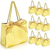EEQOREIIN 30 Pack Small Thank You Gift Bags with Handles 5.5 x 2.4 x 4.7 Inches Mini Gold Gift Bags with Bow Ribbon Tiny Party Favor Bag Bulk for Easter Mother's Day Baby Shower Wedding (Gold)