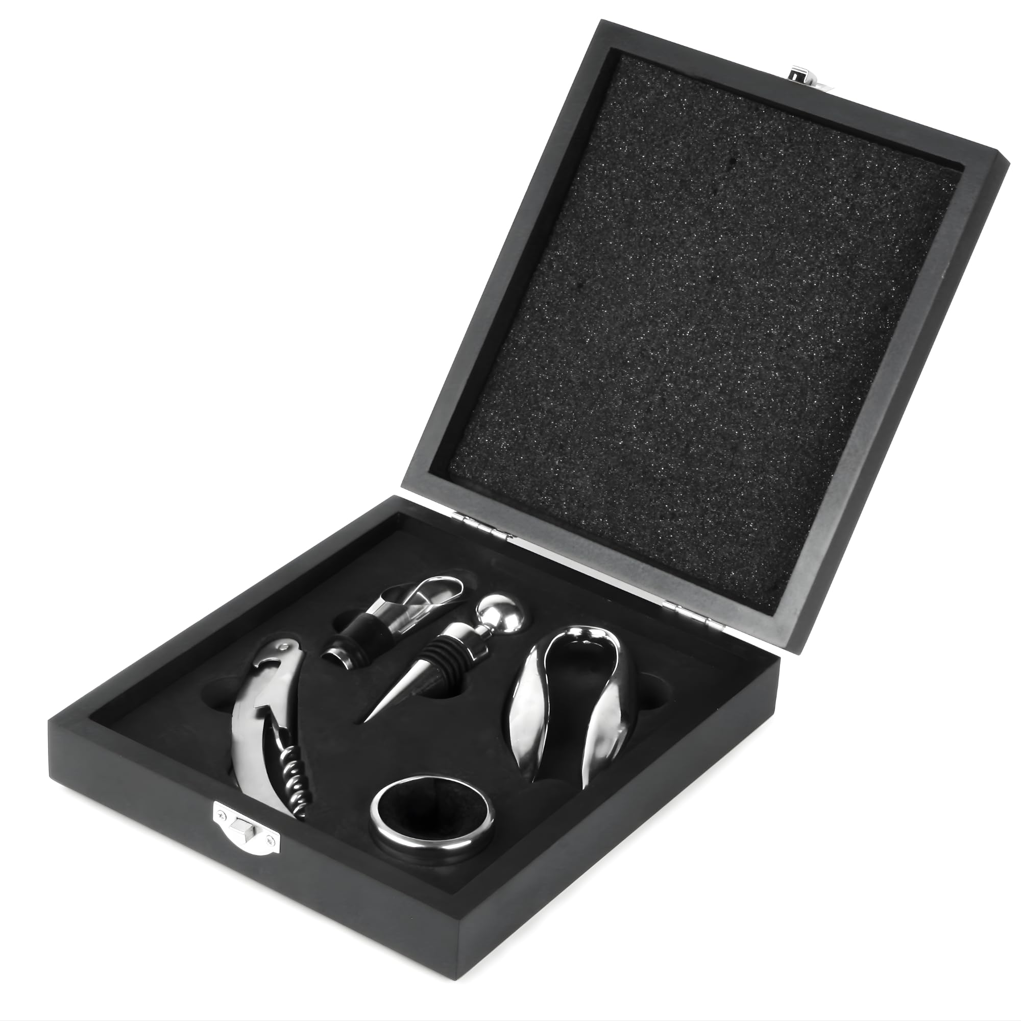 bar@drinkstuff The Wine Connoisseur's Accessories Gift Set with Waiters Friend Corkscrew, Wine Collar, Foil Cutter, Bottle Stopper & Pourer in Gift Box Wine Set, Wine Tools Set