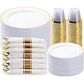 BESTVIP 350PCS Gold Plastic Dinnerware Set, Disposable Party Plates for 50 Guests, Include: 100 Plastic Plates, 50 Pre Rolled Napkins with Gold Silverware, 50 Cups
