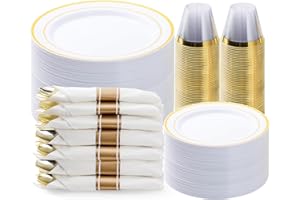 BESTVIP 350PCS Gold Plastic Dinnerware Set, Disposable Party Plates for 50 Guests, Include: 100 Plastic Plates, 50 Pre Rolled Napkins with Gold Silverware, 50 Cups
