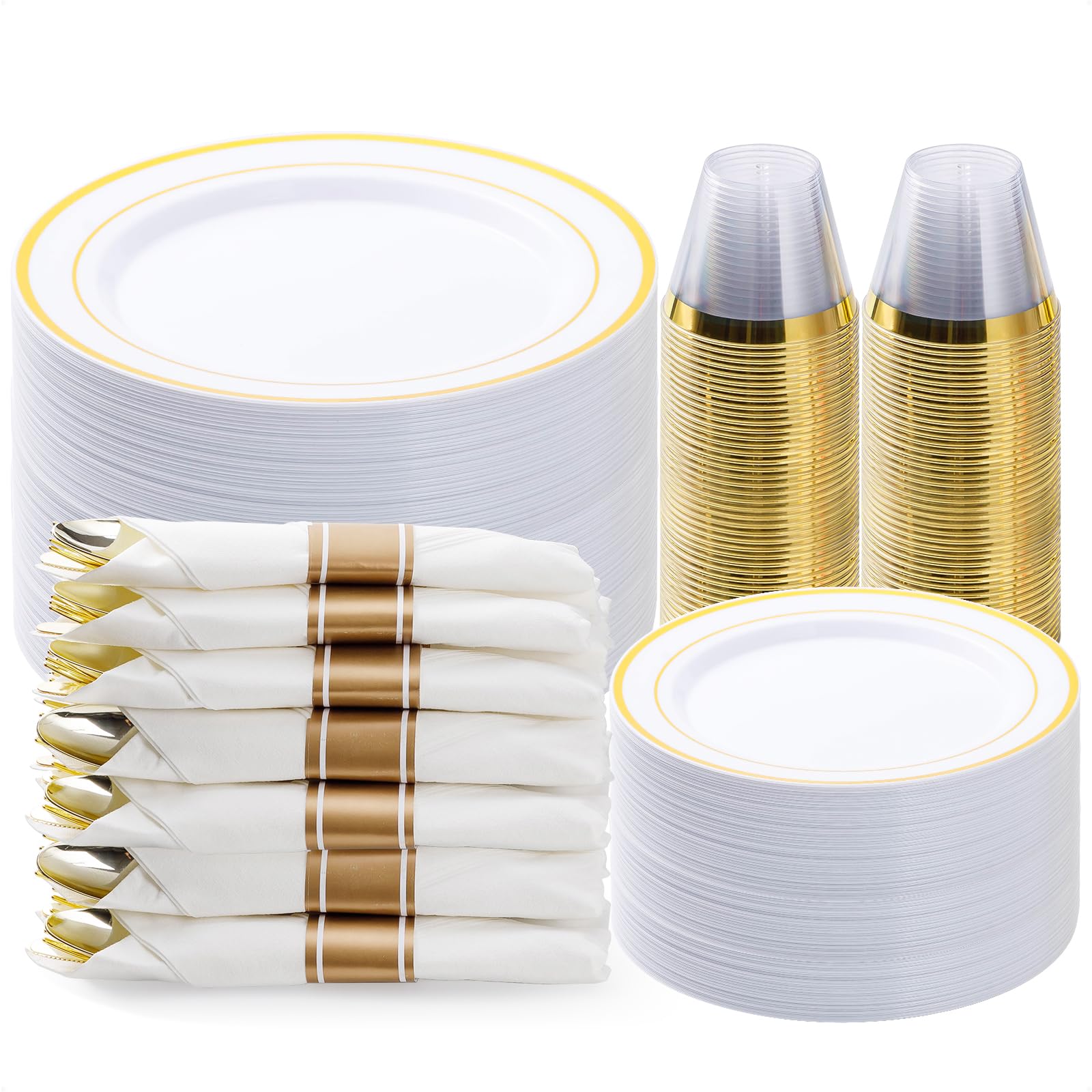 Photo 1 of BESTVIP 350PCS Gold Plastic Dinnerware Set, Disposable Party Plates for 50 Guests, Include: 100 Plastic Plates, 50 Pre Rolled Napkins with Gold Silverware, 50 Cups