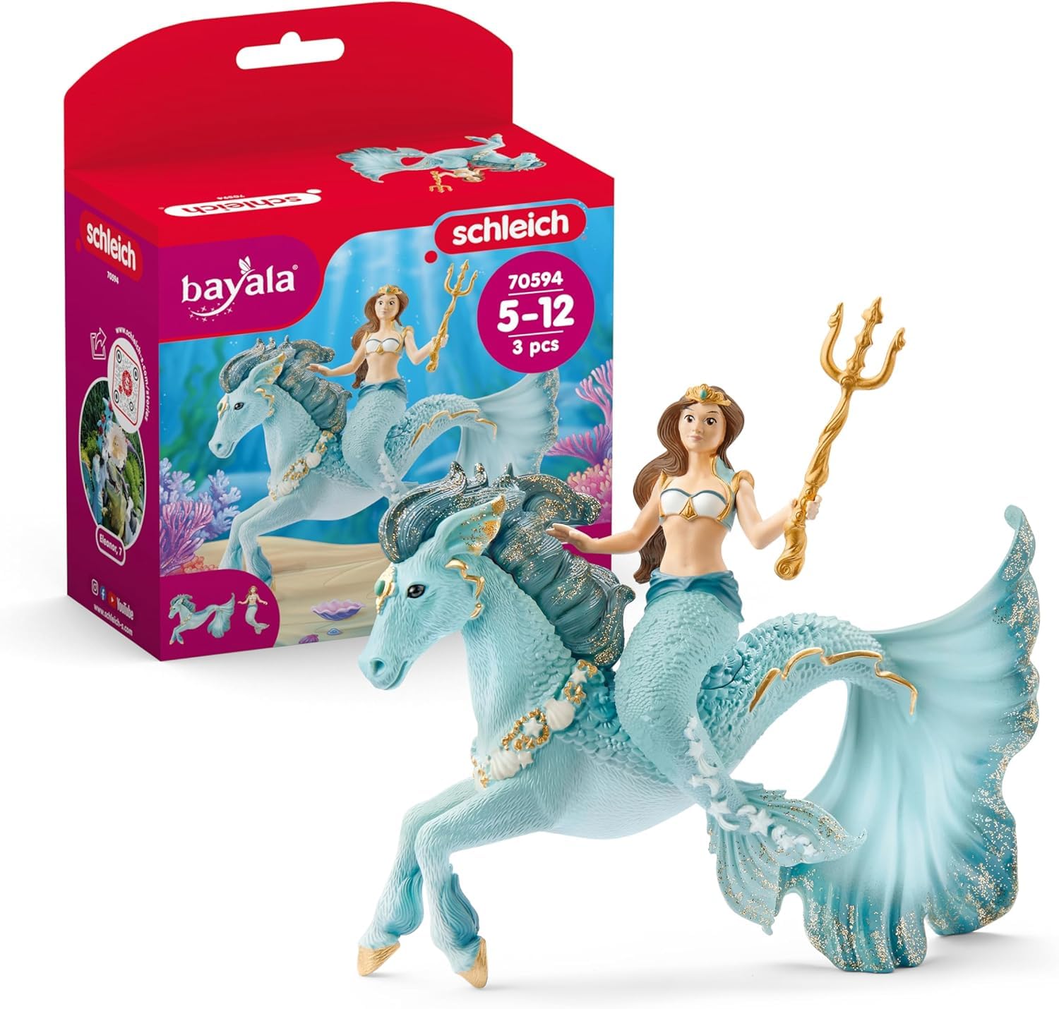 SCHLEICH Bayala - 3 PC Mermaid Eyela Figure with Magic Horse - Mermaid Toy and Seahorse Playset for Girls and Boys - Underwater Fairy and Unicorn Toy - Fantasy Figurines for Kids Ages 5+ | 70594