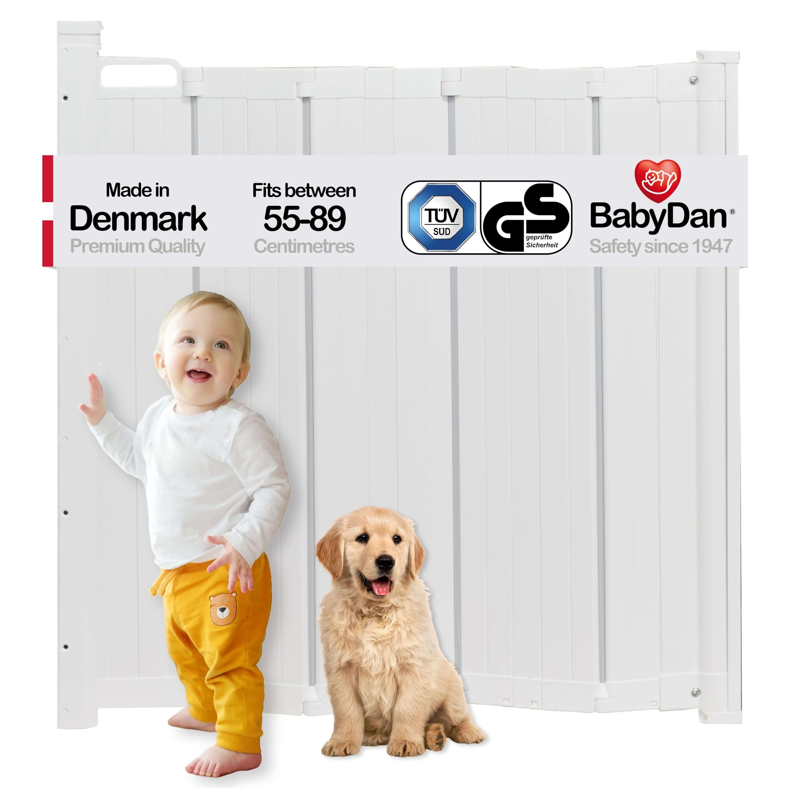 BabyDan Guard Me, Auto Retractable Stair Gate, Fits openings between 55-89 cm/21.7-35 in, White, Made in Denmark - Baby Gate/Safety Gate (Pet Gate/Dog gate)