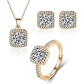 Txibikn 4 Pieces Fashion Shiny Square Zircon Crystal Pendant Necklace Earring Ring Jewelry Set for Women Wedding Party Prom Holiday Gifts
