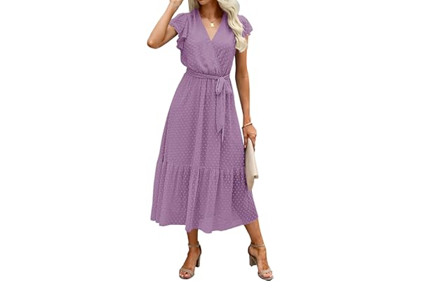 BTFBM Women Summer Bohemian Floral Casual Wrap V Neck Ruffle Cap Sleeveless Belt A-Line Pleated Hem Midi Sun Dress White