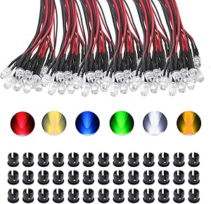KeeYees 60Pcs 5mm Pre Wired LED Diodes Light Ultra Bright -White Warm White Red Blue Green Yellow (10PCS X 6 Colors) + 60Pcs 5mm Plastic LED Holder LED Light Mounting Holders