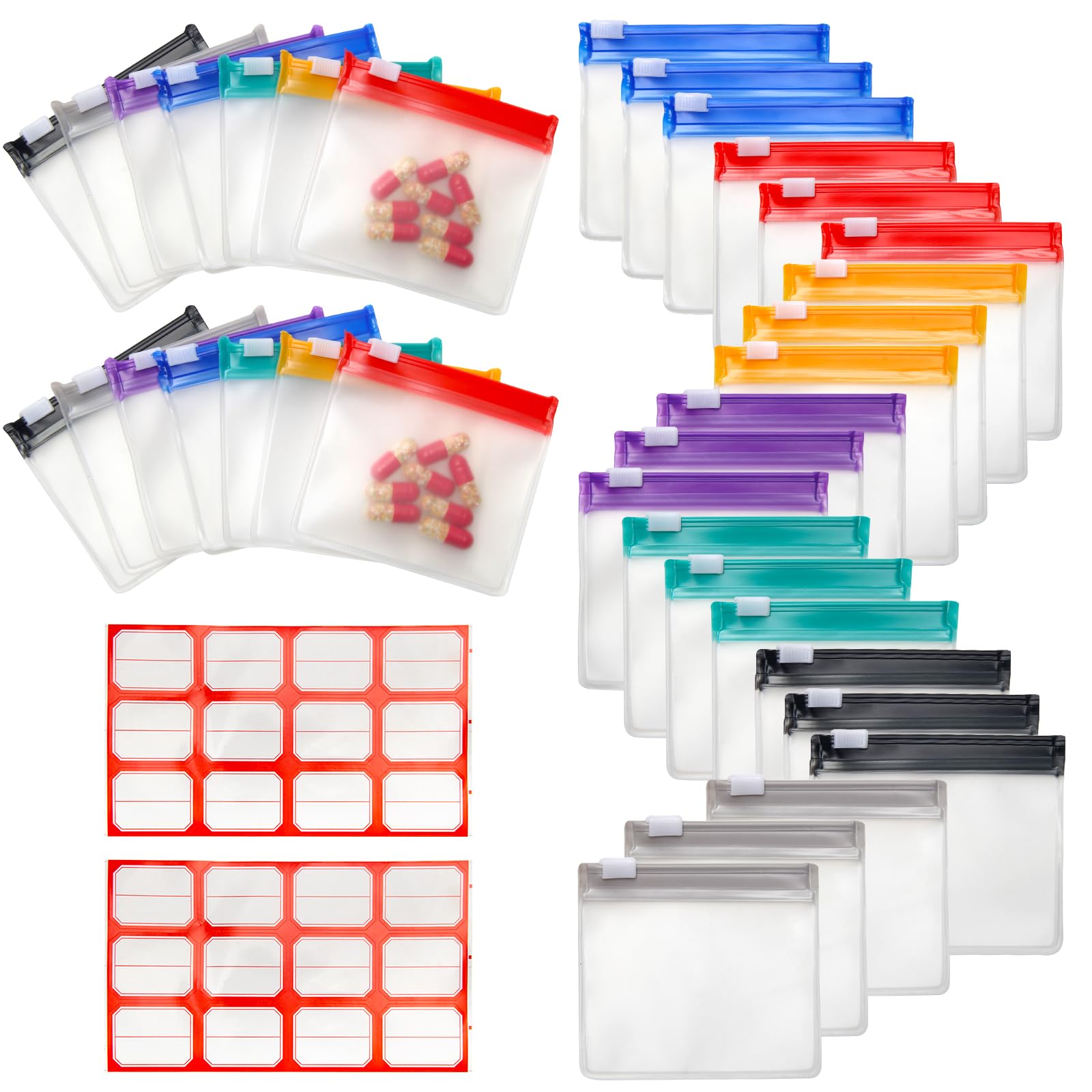 35+2 Pcs Pill Pouch Bags Zippered Pill Pouch Set with 2 Sheets Label, 7 Colors Pill Pouches for Medicine Travel Reusable Small Plastic Pill Bags for Travel/Home Daily use